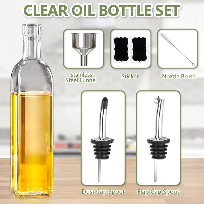 Leaflai Olive Oil Dispenser, 500 ml/17 oz Vinegar and Olive Oil Bottle Dispenser Oil Bottles for Kitchen with 1 Pourers,2 Labels and 1 Funnel, Home Square Tall Glass Oil Container As Gift