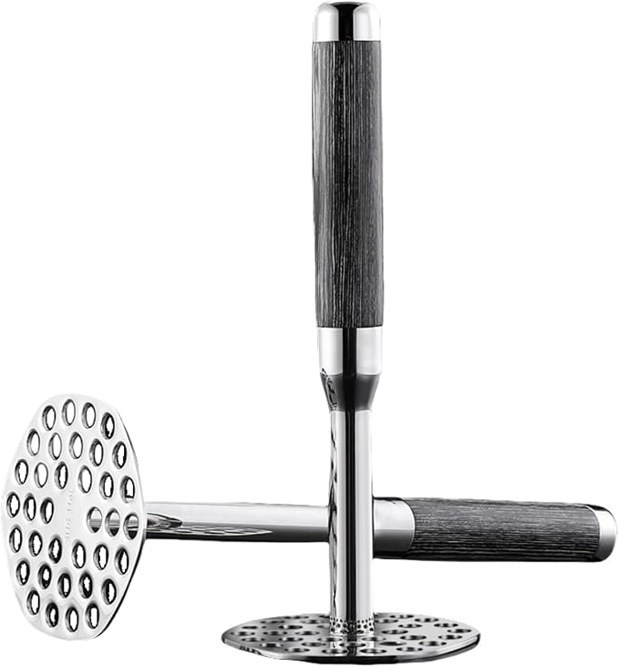316 Stainless Steel Potato Masher, 10 Inch Heavy Duty Masher with Ergonomic Wood Handle, for Smooth Mashed Potatoes, Guacamole, Baby Food
