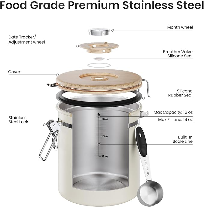Veken Coffee Canister, Airtight Stainless Steel Food Storage Container,16OZ | Date Tracker, Kitchen Jars for Beans,Ground, Espresso, Rice,Tea, Sugar,Cereal,Cookie, Bar Accessories,Gifts, Lids,Scoop,Cream