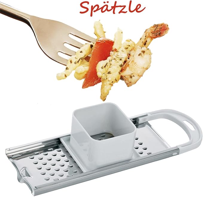 Premium Grade Stainless Steel Spaetzle Maker with Safety Pusher, Stainless Steel Spider Strainer Skimmer Spoon Pasta Strainer, Homemade Traditional German Egg Noodle Dumpling Making Tool Set