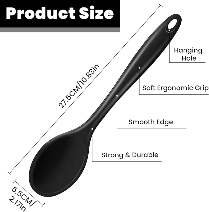 GEEKHOM Silicone Cooking Spoons, 2 Pieces 11" Heat Resistant Silicone Kitchen Utensils Set Large Serving Stirring Spoons for Non Stick Cooking, Mixing, Basting, Baking, Black+Red
