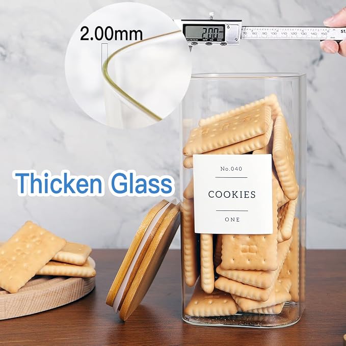 CZZGSM 3 Pack Square Glass Kitchen Storage Jars with Airtight Bamboo Lids and 132 Pantry Labels - 54oz Glass Canisters with Wood Lids - Food Storage for Sugar, Rice, Pasta, Cereal