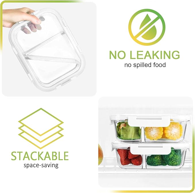 M MCIRCO 5 Pack,36 oz, 2 Compartments Glass Meal Prep Containers with Lids | Divided Glass Food Storage Containers, Portion Control Lunch Containers, Microwave, Oven, Freezer, Dishwasher, White