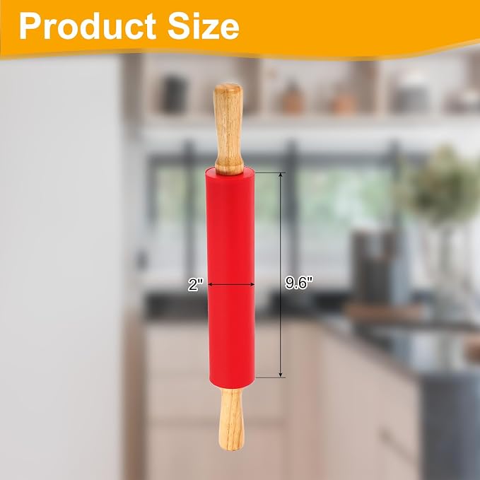 uxcell 9.6 Inch Silicone Rolling Pin, Small Dough Roller with Wood Handle for Pizza Pastry Fondant Kitchen, Red