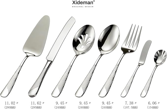 Xideman® 7-Piece Hammered 18/10 Stainless Steel Silverware Serving Utensil Set - Hostess Flatware with Cake Knife & Cake Server (Silver)