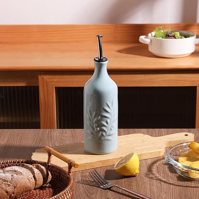Sweejar Ceramic Olive Oil Dispenser Bottle, 20 Oz Relief Opaque Oil Cruet Protects Oil To Reduce Oxidation, Suitable for Storage Oil, Vinegar, Soy Sauce, Coffee Syrup, Liquids, Set of 1 (Light Blue)