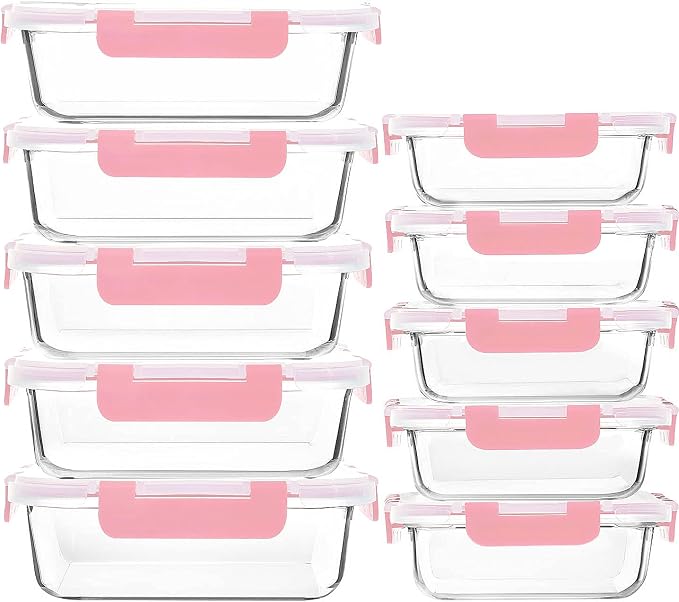 M MCIRCO 10 Pack Glass Food Storage Containers with Lids, Pink | Glass Meal Prep Containers,Airtight Lunch Containers with Lids, Microwave, Oven, Freezer and Dishwasher Friendly, BPA Free