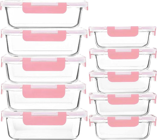 M MCIRCO 10 Pack Glass Food Storage Containers with Lids, Pink | Glass Meal Prep Containers,Airtight Lunch Containers with Lids, Microwave, Oven, Freezer and Dishwasher Friendly, BPA Free