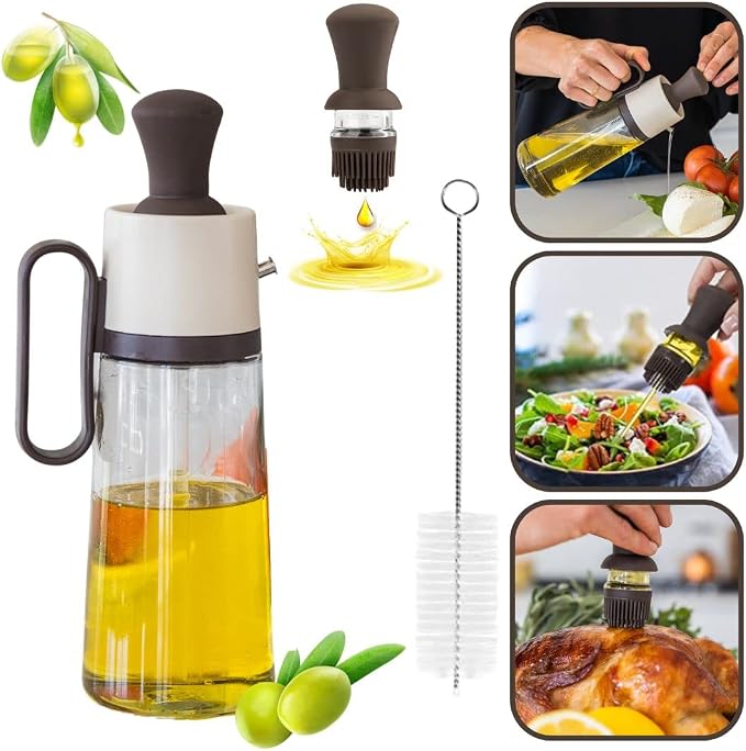 3-in-1 Olive Oil Dispenser Bottle for Kitchen with Brush and Straw Cleaner. Pour, Drizzle or Brush Vinegar, Soy Sauce and Cooking Oil Container. 18.6oz Glass Oil Cruet/Leakproof Spout (Brown)