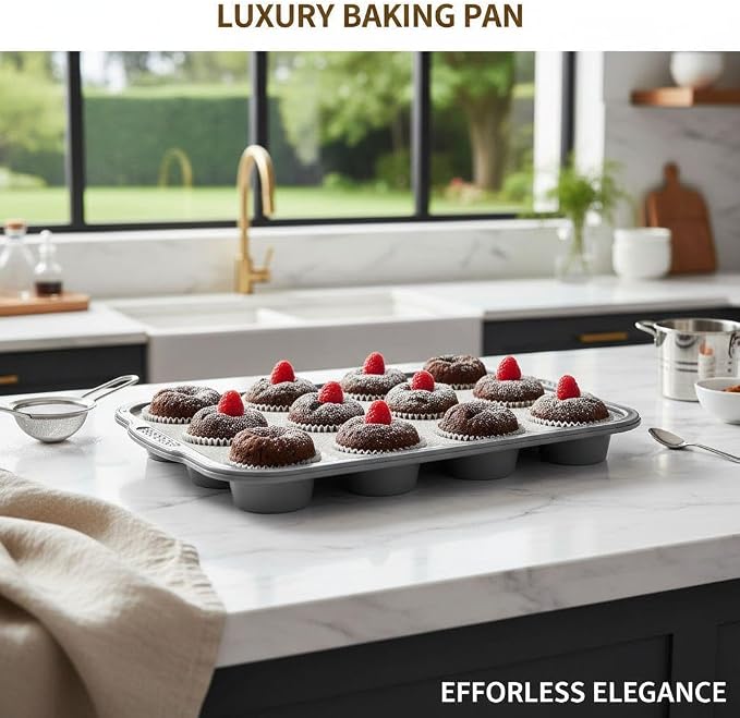 Silicone Muffin Pan 12 Cup, Non Stick Cupcake Baking Mold, Food Grade Heat Resistant Muffin Tray for Oven Baking Cupcakes (Gray)