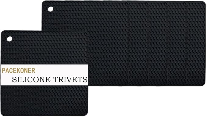 6-Pack Silicone Trivet Mats, Heat Resistant Hot Pads, Dishwasher Safe Kitchen Mats, BPA-Free Pot Holders for Table, Countertop, Stove, Honeycomb Design (Black, 7" Square)