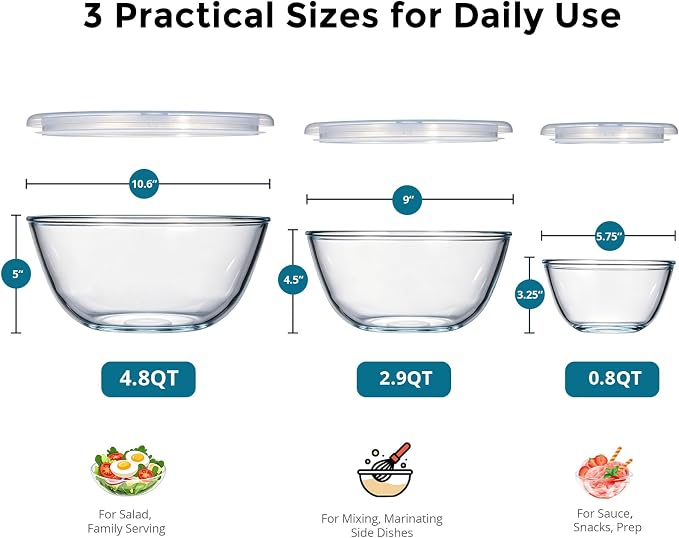 E-far Glass Mixing Bowls with Airtight Lids Set for Cooking Prep Serving | Thick Glass Salad Bowls, Large Clear Nesting Bowls for Storage Sourdough Proofing, Dishwasher Safe, 4.8,2.9,0.8 Qt, 3 Pack
