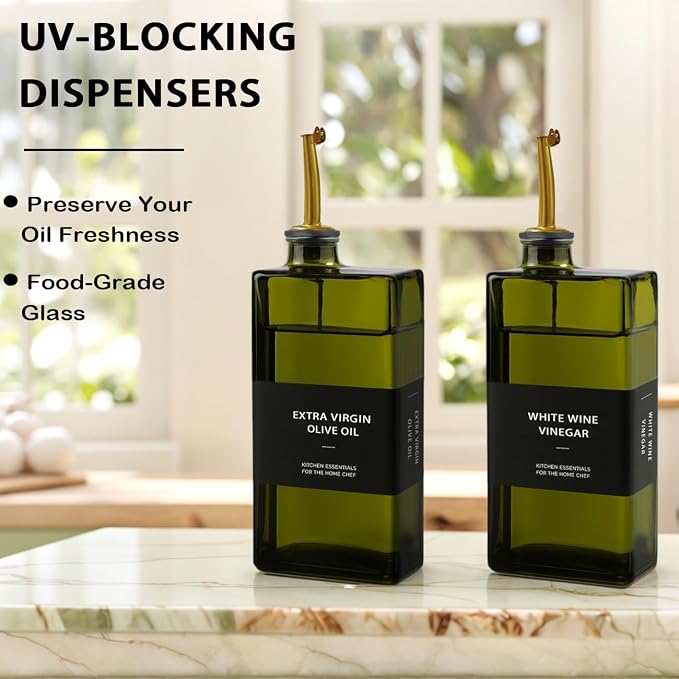 Olive Oil Dispenser Bottle for Kitchen 16.9oz, UV-Blocking Oil and Vinegar Dispenser Set, Leakproof Oil Container for Home, Restaurant (Green, Set of 4)