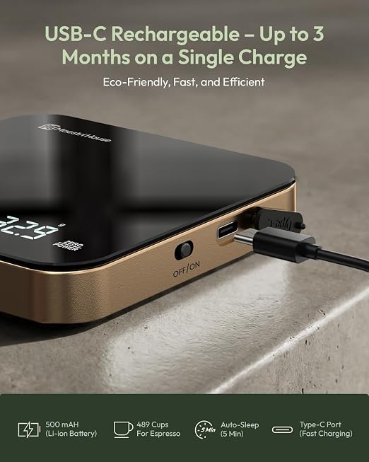Maestri House S2 Espresso Coffee Scale with Timer 0.1g Precision Shot Scale | USB-C Rechargeable, Dual Timing Modes, 2kg/0.1g Digital Scale with Borosilicate Glass Top for Espresso and Pour-Over Brewing