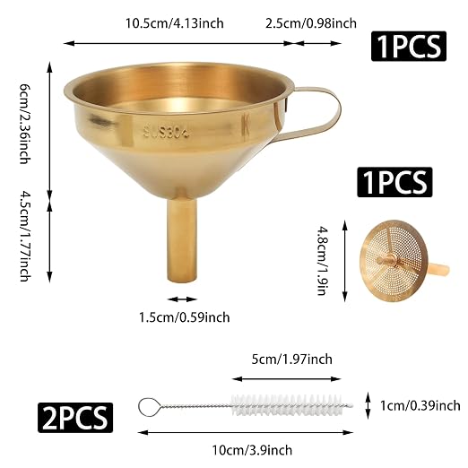 10.5cm/4.13inch Gold Stainless Steel Funnel with Strainer, Metal Funnel with Cleaning Brush, Filtering Funnel for Filling Bottles Transferring Liquid Oil Juice Milk Kitchen Use