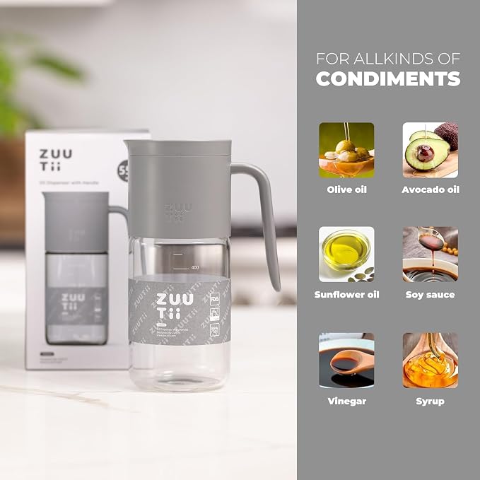 Zuutii Olive Oil Dispenser Bottle 18.6oz – Auto Flip Glass Vinegar Bottle with No-Drip Spout for Kitchen Cooking, Oil and Sauce Dispenser,Gray