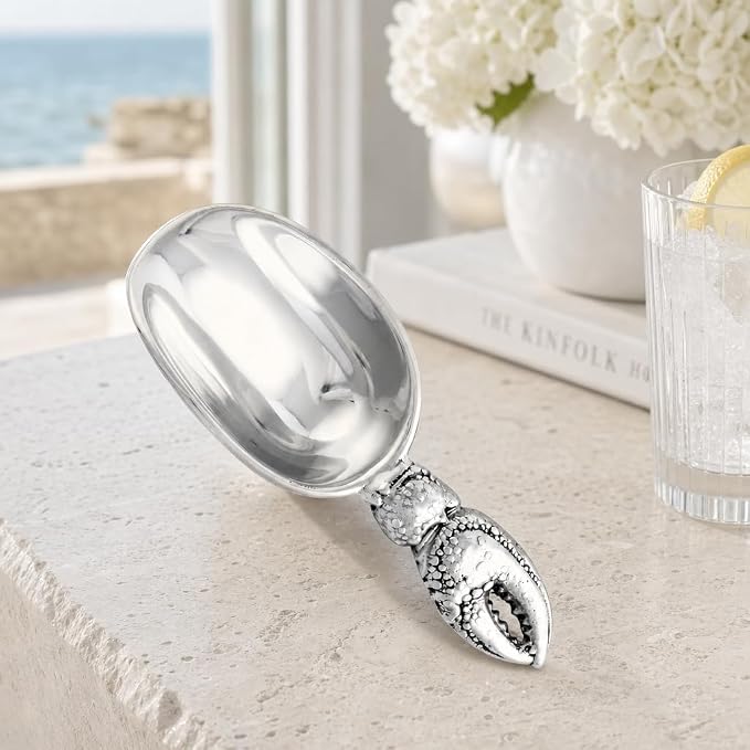 Arthur Court Crab Handle Ice Scoop - Sand Casted and Hand Polished Aluminum - Coastal Barware - 8 Inch Long