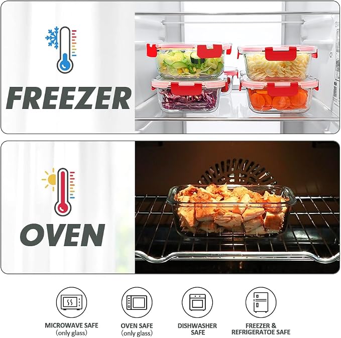 VERONES 12 Packs Glass Food Storage Containers Set with Lids, Red | Airtight Glass Lunch Containers, Glass Meal Prep Containers with Lids, for Microwave, Oven, Freezer & Dishwasher Friendly