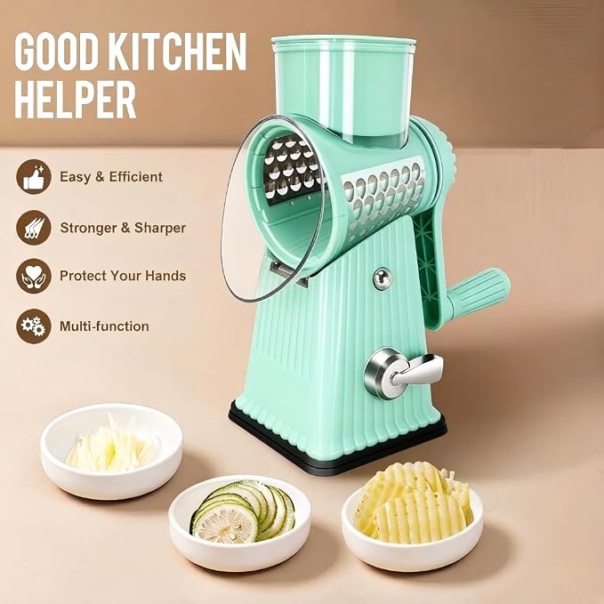 Rotary Cheese Grater with 5 Well-designed Blades & Strong Suction Base, Kitchen Mandoline Vegetable Slicer with Blade Storage Box (Aqua)