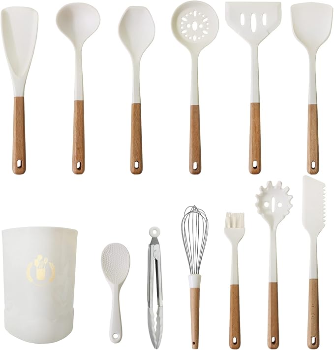 1pcs White Hangable Silicone Egg Whisk, Balloon Egg Beater, Wooden Handle Cooking Utensils for Blending Whisking Beating Stirring Cooking Backing