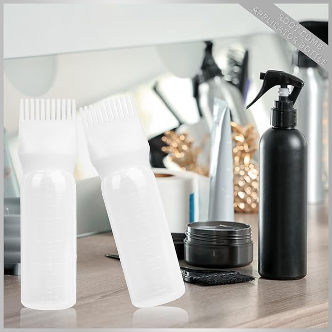 Root Comb Applicator Bottle 6 Ounce, 4 Pack Hair Oil Applicator with Root Comb Brush for Scalp Hair Oiling - White