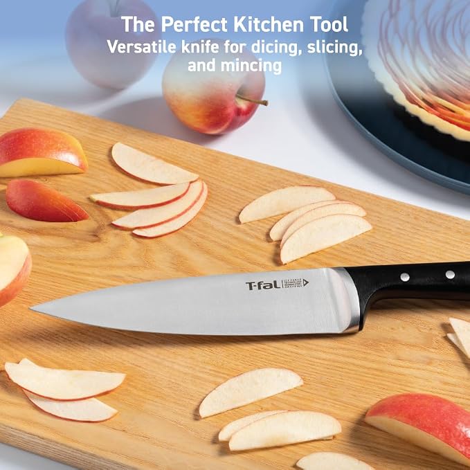 T-fal Ice Force German Stainless Steel Chef Knife 8 Inch, Long Lasting Sharpness, High Cutting Precision, Superior Durability, Ultra Sharp Blades, Cookware Kitchen Knife, Cook Tool, Kitchen Tool Black