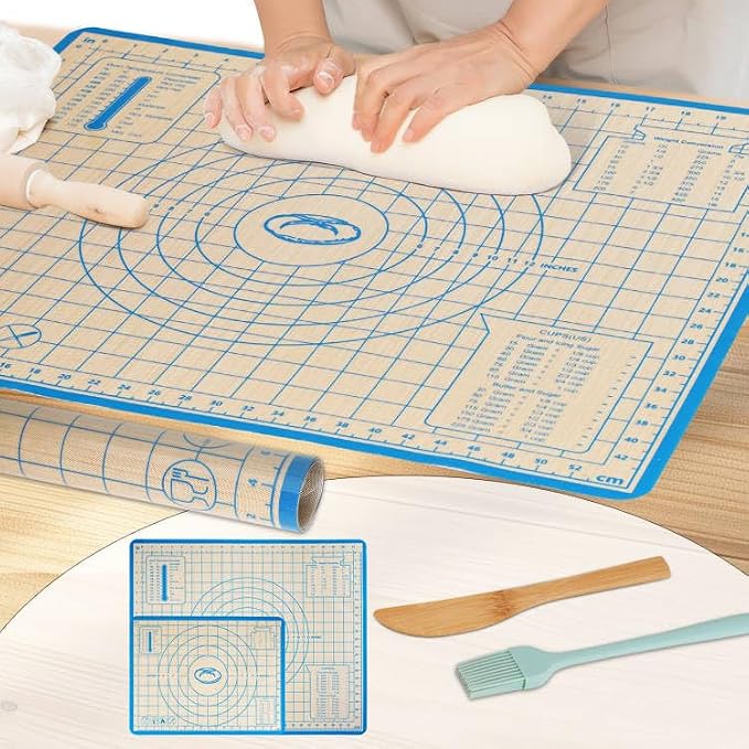 Silicone Baking Mat Set, 28x20 & 16x12 Inch, Blue (2 Pack) | Food-grade silicone; non-stick, non-slip; pastry dough kneading; printed measurement guides