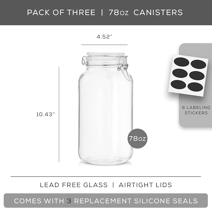 JoyJolt Airtight Glass Jars with Lids Set of 3. 78oz Glass Jar with Lid and 6 Silicone Seals! Large Glass Food Storage Containers. Square Mason Jar, Candy Jar, Flour Jar, Pasta Containers for Pantry