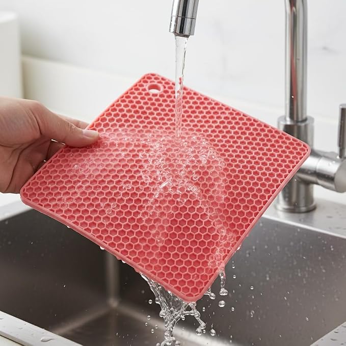 6-Pack Silicone Trivet Mats, Heat Resistant Hot Pads, Dishwasher Safe Kitchen Mats, BPA-Free Pot Holders for Table, Countertop, Stove, Honeycomb Design (Pink, 7" Square)