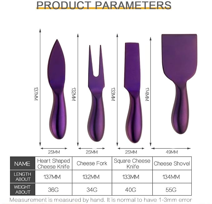 4 Pieces Stainless Steel Cheese Knives Set, Stainless Steel Cheese Knives,Cheese Cutter , Cheese Slicer, Cheese Fork -Purple