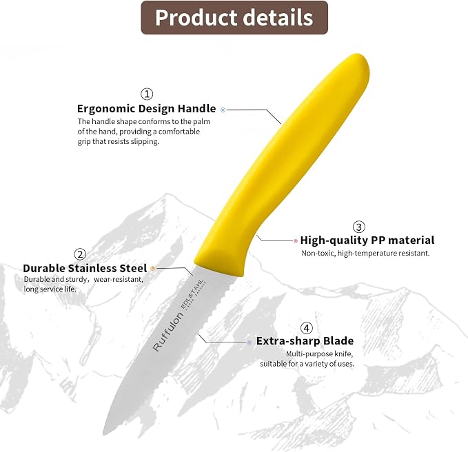 Stainless Steel Paring Knife With Serrated Blade, 6 Pieces Set Vegetable and Fruit Knife, Ultra Sharp Small Kitchen Knife, Yellow Paring Knives with PP Plastic Ergonomic Handle.