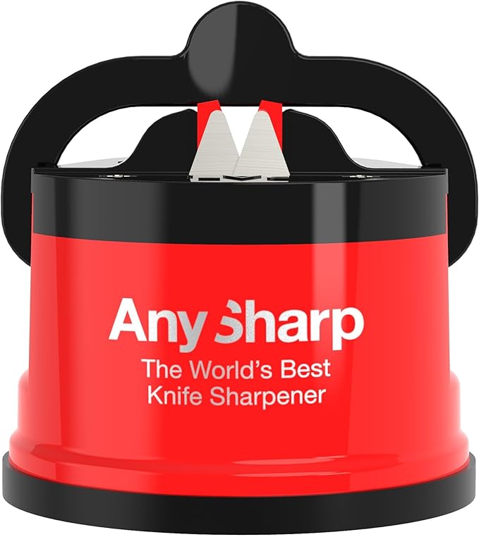 AnySharp – Editions – Hands Free Knife Sharpener - Easy to Use Sharpening Tool with PowerGrip Suction Base and 20-Degree Pre-Set Angle - for All Knives: Chef's, Serrated, and Hardened Steel - Red