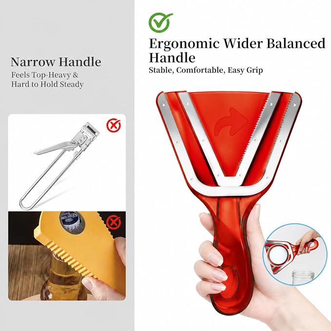 Jar Opener for Weak Hands & Seniors with Arthritis, Easy Twist-Off Lid & Bottle Opener, Ergonomic Handle with Stainless Steel Teeth, Practical Kitchen Gift for Elderly, Women & Men (0.2–5.3 in, Red)