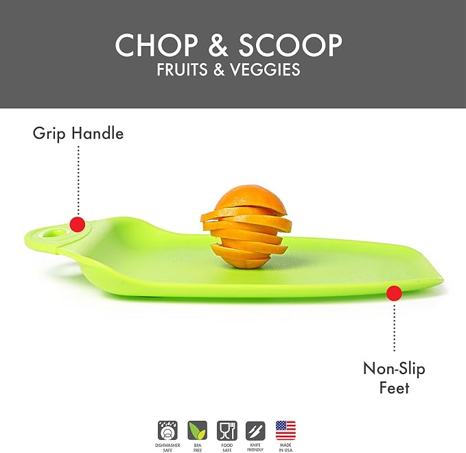 Dexas Chop & Scoop Cutting Board, 9.5 x 13 Inch, Solid Green, BPA-Free Dishwasher Safe Kitchen Prep Board with Handle