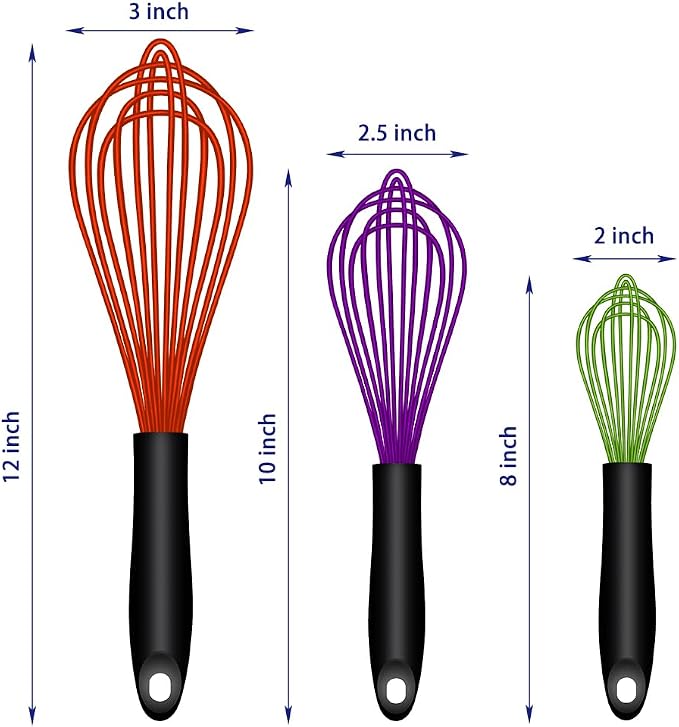 OYV Dishwasher Safe Multicolor Silicone Whisk, Sealed Waterproof Design Set of 3, Professional Kitchen Whisks for Cooking Non-Scratch, Silicone & Stainless Steel Whisk, Heat Resistant Egg Beater