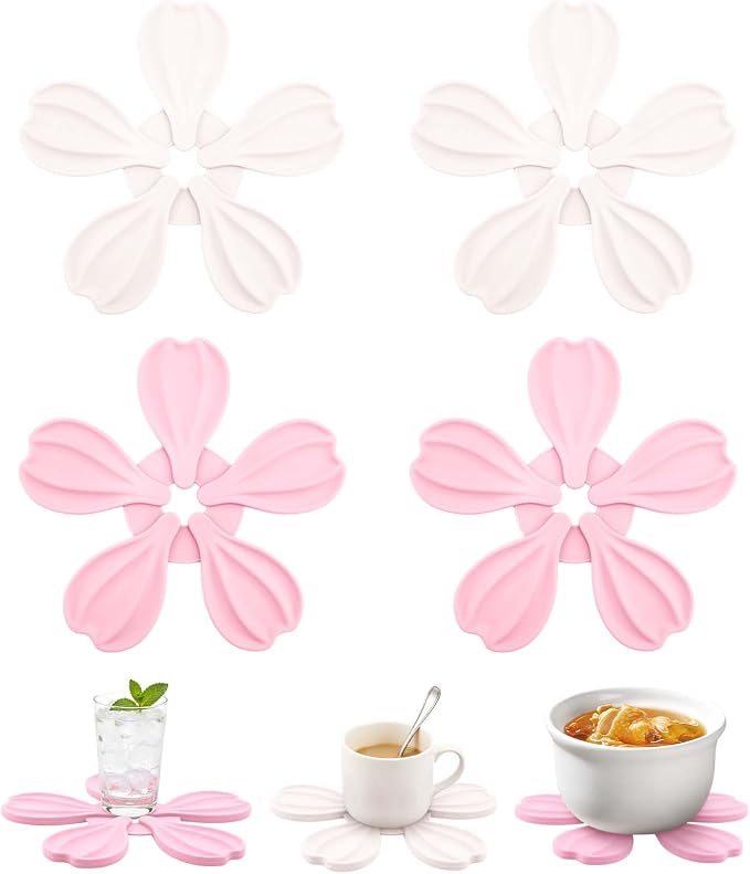 4-piece Silicone Trivet Mat - Non-Slip & Heat Resistant Kitchen Hot Pads for Table & Countertop, Multifunctional Mats can Hold Coffee, Plates, and Various Ornaments, Pink & White
