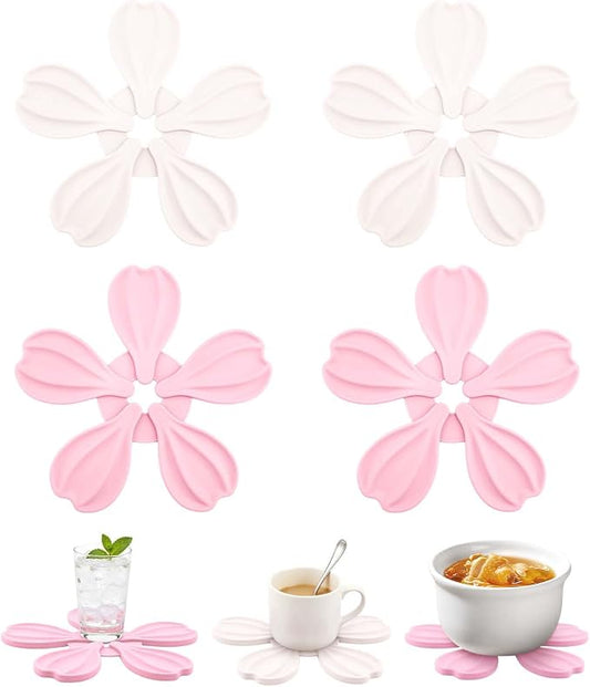 4-piece Silicone Trivet Mat - Non-Slip & Heat Resistant Kitchen Hot Pads for Table & Countertop, Multifunctional Mats can Hold Coffee, Plates, and Various Ornaments, Pink & White