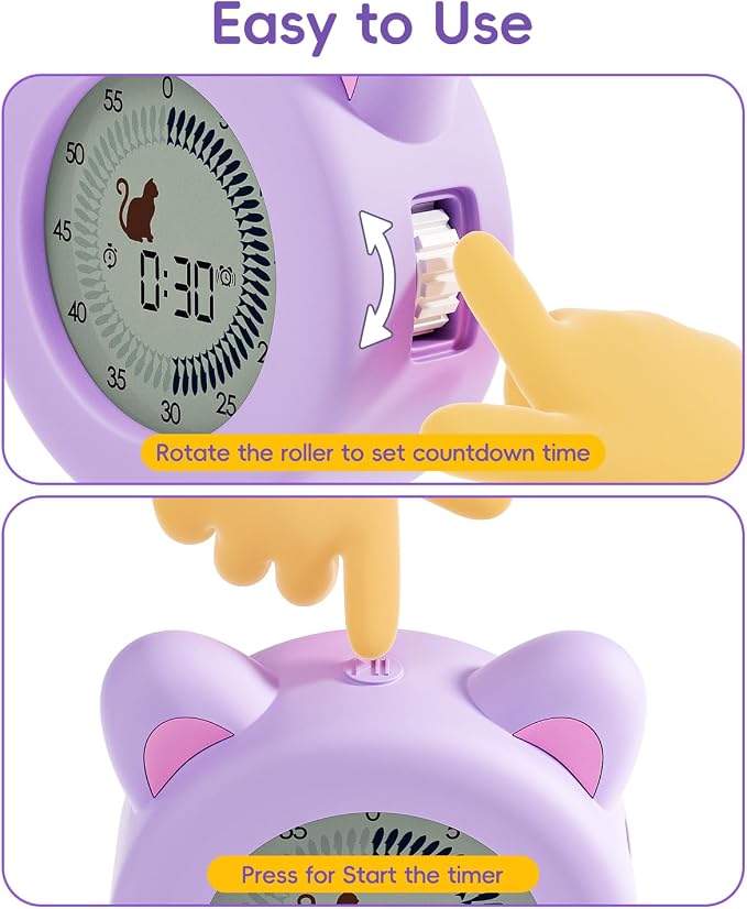 Visual Timer for Kids with Pause, Clock and Alarm Function, 299 min Cute Cat Desk Countdown Timer, ADHD Autism Toddler Support, Girl Timer for Kitchen, Office and Classroom