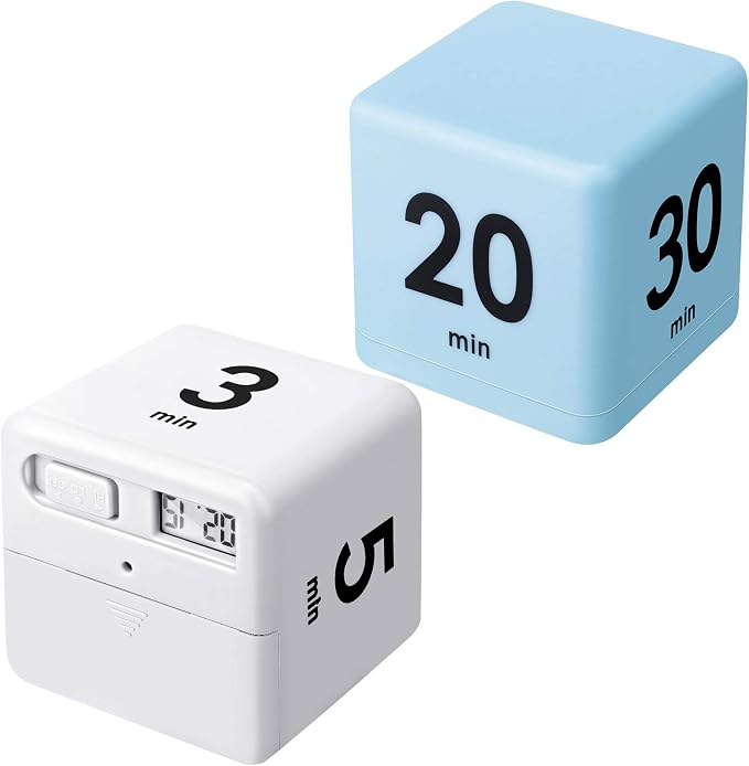 Weewooday 2 Pieces Cube Productivity Timer Flip Gravity Sensor Flip Countdown Countup Workout Timer Management 1 3 5 10 Minutes and 15 20 30 60 Minutes for Back to School Work Kitchen(White, Blue)
