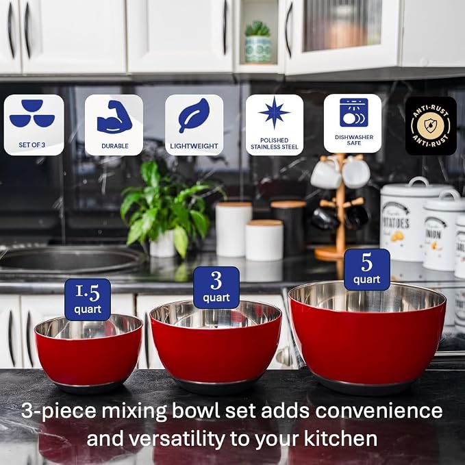 Stainless Steel Mixing Bowls Set, 3-Piece with Silicone Base | 1.5, 3 & 5 Qt Metal Bowls for Meal Prep, Baking, Cooking, Serving & Food Storage, Non-Slip Base, Dishwasher Safe, Red