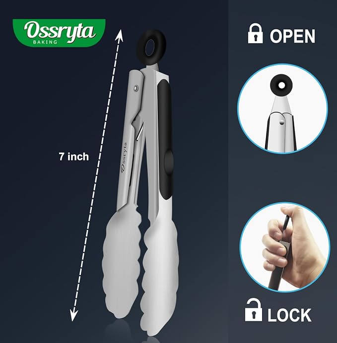 Stainless Steel Small Tong for Cooking - Mini 7 Inch Locking Tongs, Heat Resistant to 600°F, Food Grade Kitchen Metal Tong for Food, Salad, Pasta, Steaks, Vegetables - Dishwasher Safe