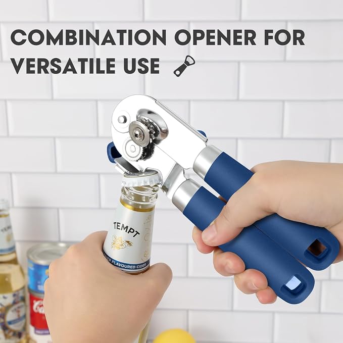UHIYEE Classic Manual Can Opener for Home Kitchen, Durable 420J2 Stainless Steel Handheld Opener with Magnetic Lid Lifter & Easy-Turn Oversized Knob for Arthritis, Blue