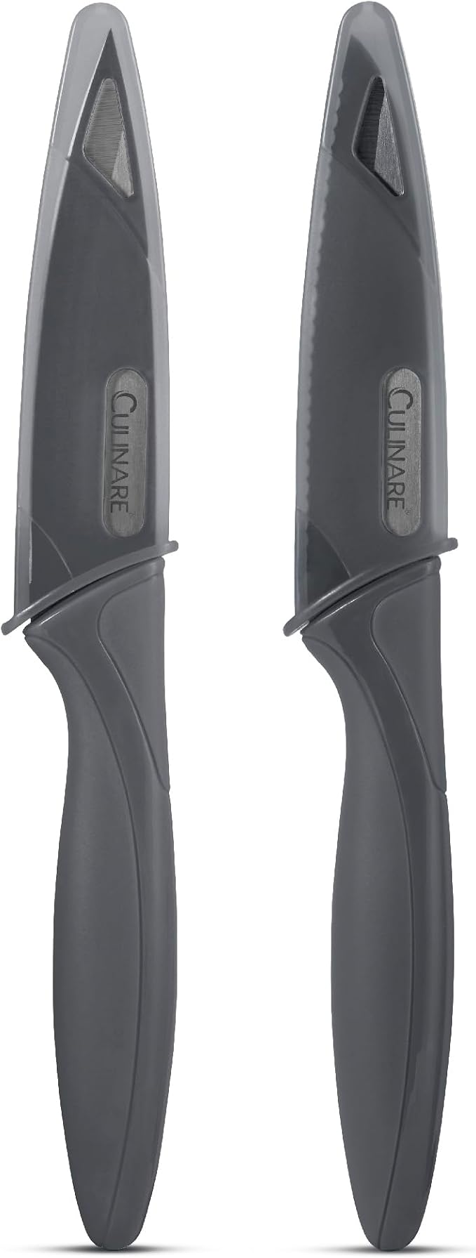CULINARE 2 Piece Knife Set, Grey, Stainless Steel, 9cm Ultra Sharp Blades, 2 x Kitchen Knives with Protection Covers, Smooth Cutting/Firm Grip/Non-Slip Handle, Dishwasher Safe