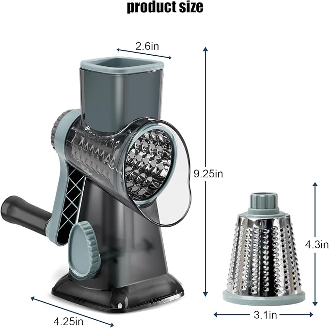 XUANYILA Rotary Cheese Cheese Grater Hand Crank Vegetable Cheese Grater for Kitchen 3 Changeable Blades for Cheese Potato Zucchini Nuts Chocolate - GreyBlue