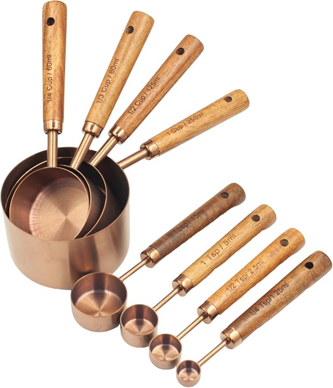 Measuring Cups and Spoons Set of 8, Stainless Steel Measuring Cup with Wooden Handle, Kitchen/Food/Liquid/Baking (Copper)