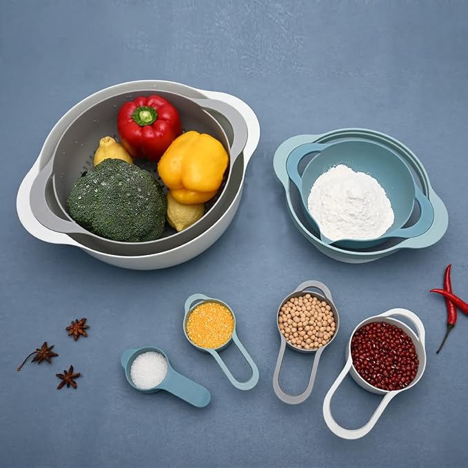 Plastic Nesting Bowls Set, 8 Pieces | 2 Mixing Bowls, Colanders, 4 Measuring Cups, Sifter for Baking, Food Prep, RV Camping Accessories