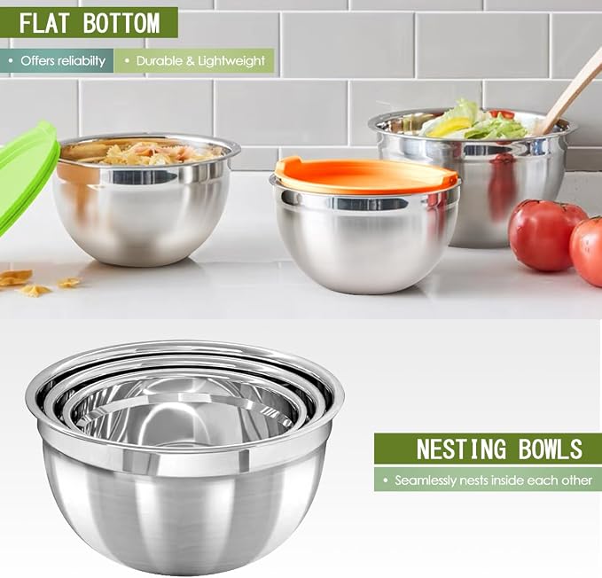 JUJOJB Mixing Bowls With Lids Set,Stainless Steel Mixing Bowls Set With 3 Grater,Metal Nesting Bowls For Kitchen Baking Refrigerator Meal Prep Food Organizer,7 Size(Multicolor)
