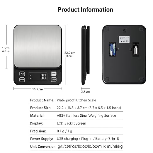 Waterproof Digital Kitchen Scale 0.1g/0.001oz Precision, Stainless Steel Electronic Scale with 3 Power Options (Rechargeable/AAA/Built-in), 10 Units Conversion, Smart Standby, 5kg/11lb Capacity