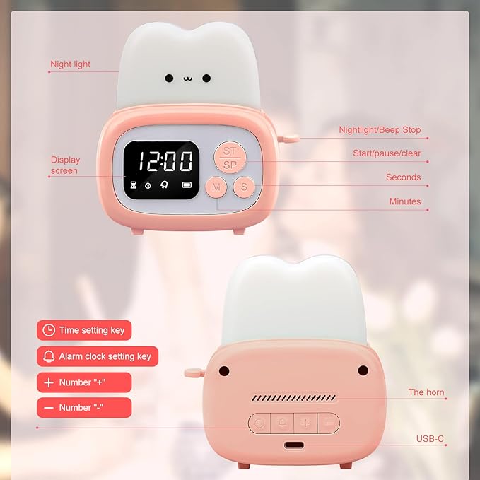 QANYI Timer Clock Night Light for Kids, Tiny Hand Size Portable LED Clock Lamp Kids Desktop Timer for Toothbrush, Learning, Exercise, Bathroom, Oven, Baking, Cooking, Table, Bedroom, Kitchen