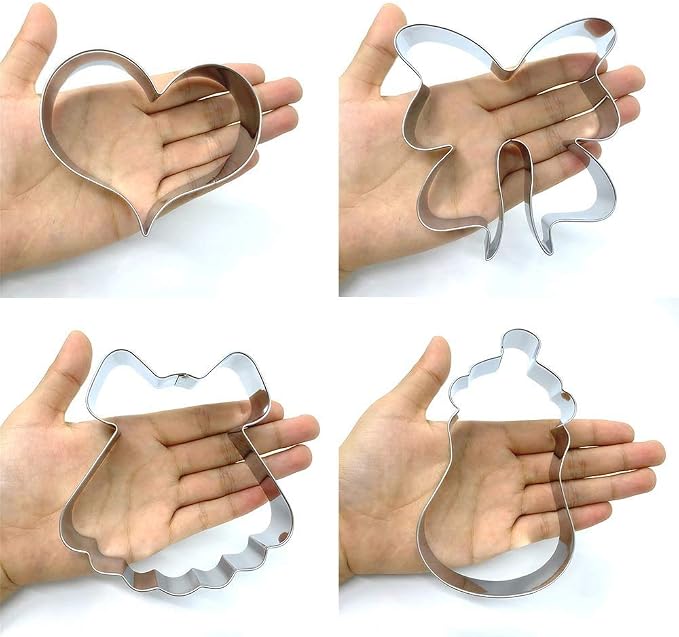 LILIAO Baby Shower Cookie Cutter Set - 6 Piece - Feeding Bottle, Rattle, Heart, Carriage, Princess Dress and Bow/Ribbon Biscuit Fondant Cutters - Stainless Steel